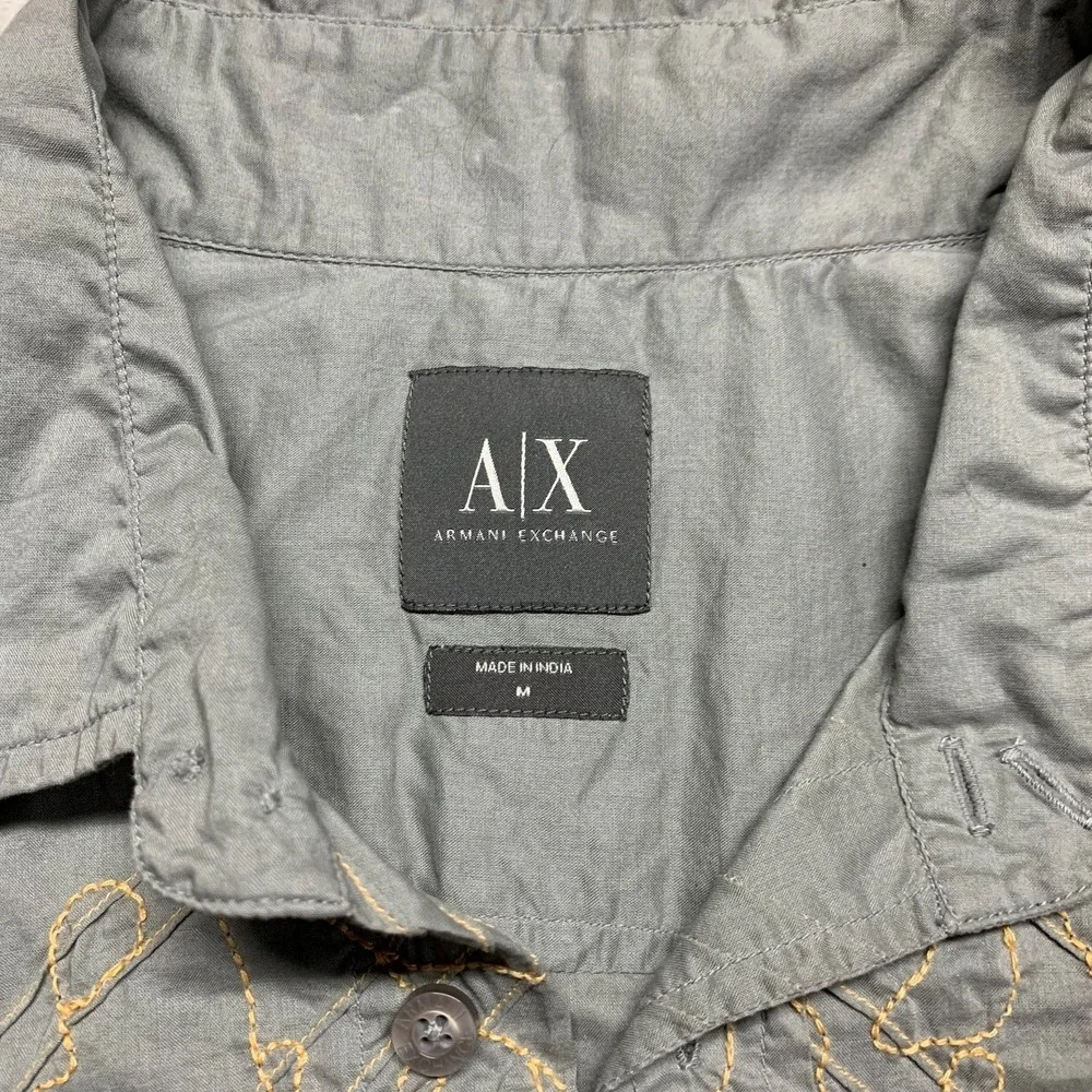AX Armani Exchange Mens M Button Down‎ Shirt Gray Embroidered AOP Needs Button - Picture 3 of 11
